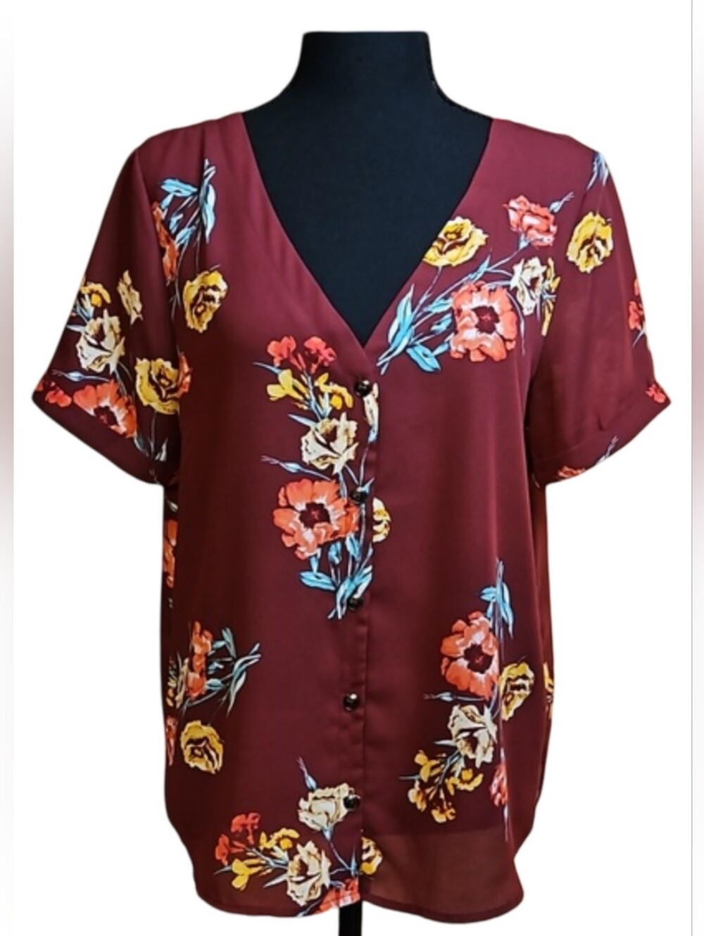 Sandy & Sid Burgundy Floral V-Neck Blouse M